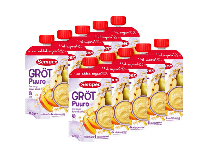 10 x Semper Gröt med Päron, Mango, Banan & Äpple – Swedish Oat Porridge Pouches for Babies from 6 Months, 10 x 120g