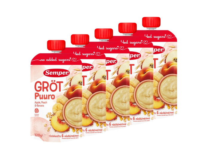 5 x Semper Gröt med Äpple, Persika & Banan – Swedish Oat Porridge Pouches for Babies from 6 Months, 5 x 120g