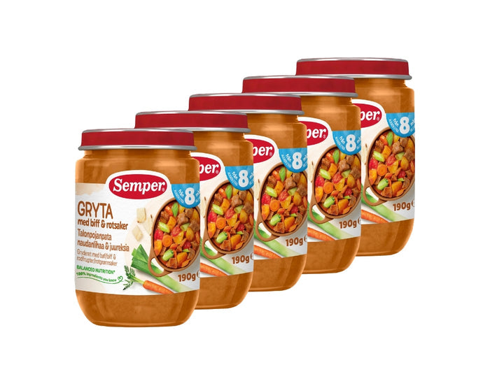 5 x Semper Gryta med Biff & Rotsaker – Swedish Beef & Root Vegetable Stew for Babies from 8 Months, 5 x 190g