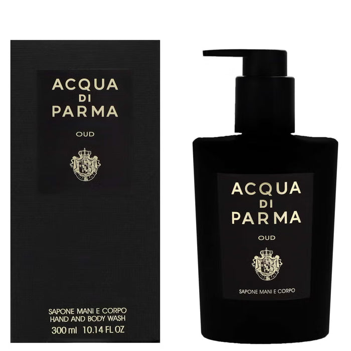 Acqua di Parma Oud hand and body wash in 300ml bottle, luxurious bath and body product with Oud fragrance.