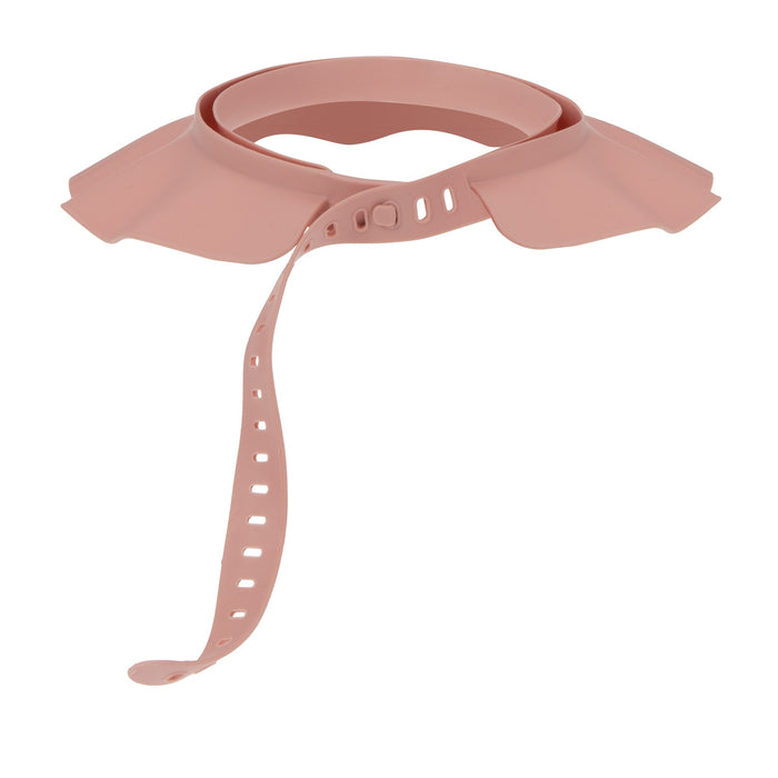 The Baby Bath Hat is a pink, soft, flexible hat with an adjustable strap and multiple holes for easy sizing. It keeps water and shampoo out of babies' eyes during baths.
