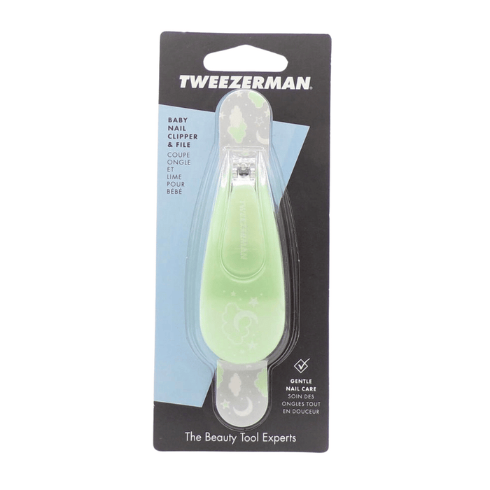 Baby Nail Clipper & File | Tweezerman in pastel green with protective cover, designed for gentle nail care and safe use on babies, packaged for retail display.