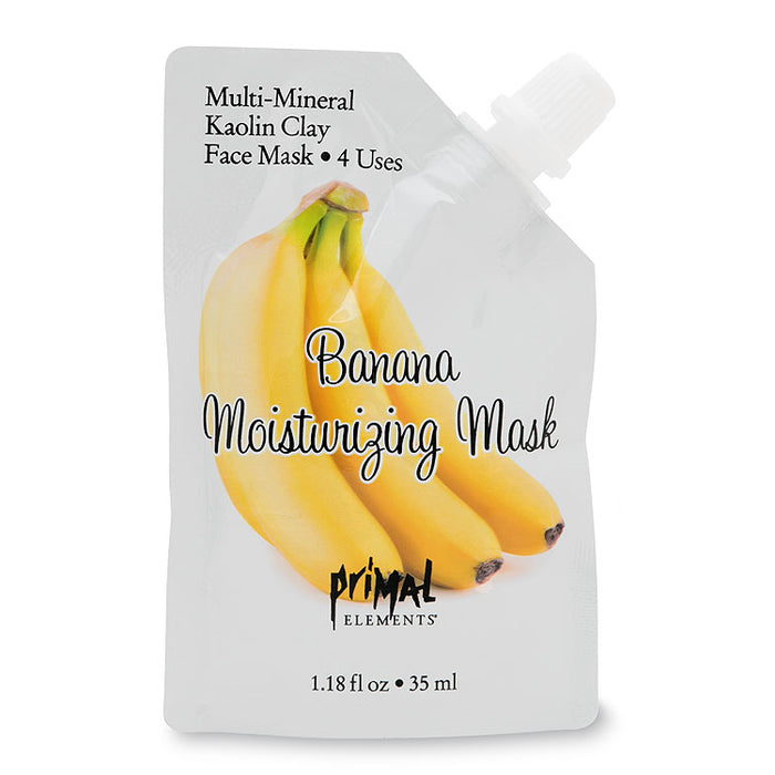 Banana Moisturizing Face Mask | Primal Elements in a flexible pouch with a banana illustration, featuring multi-mineral kaolin clay for skincare and moisturizing benefits.
