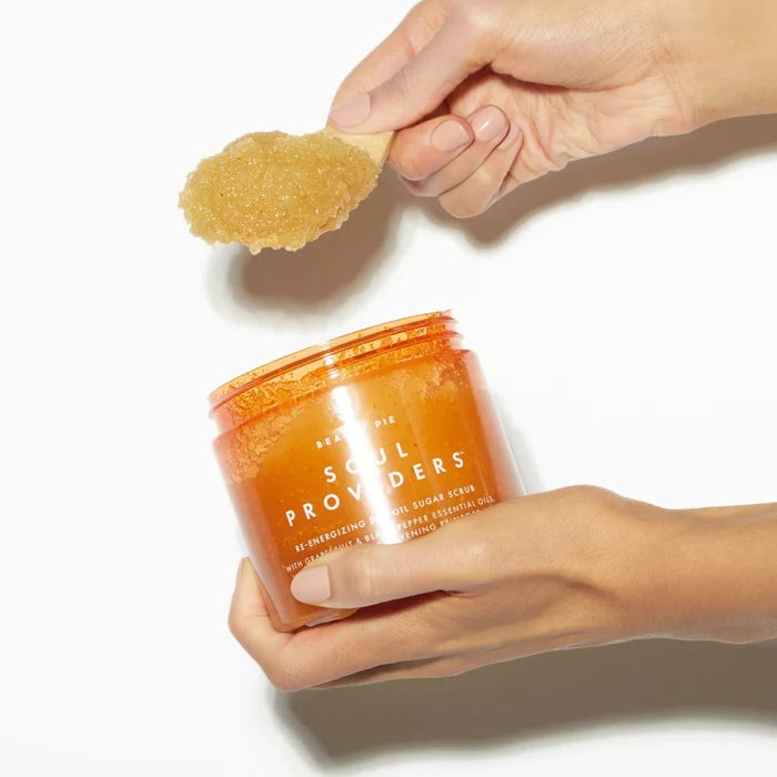 Beauty Pie Soul Providers Jumbo Re-Energizing Dry Oil Sugar Body Scrub in 475g jar, showing the textured scrub and packaging.