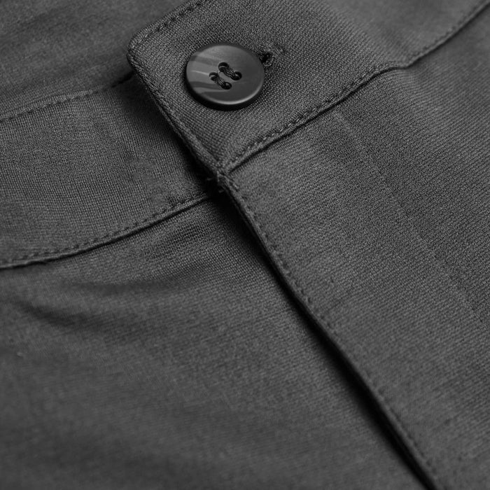 Carbon Comfort Chino Short waistband with button fastening and fabric texture.