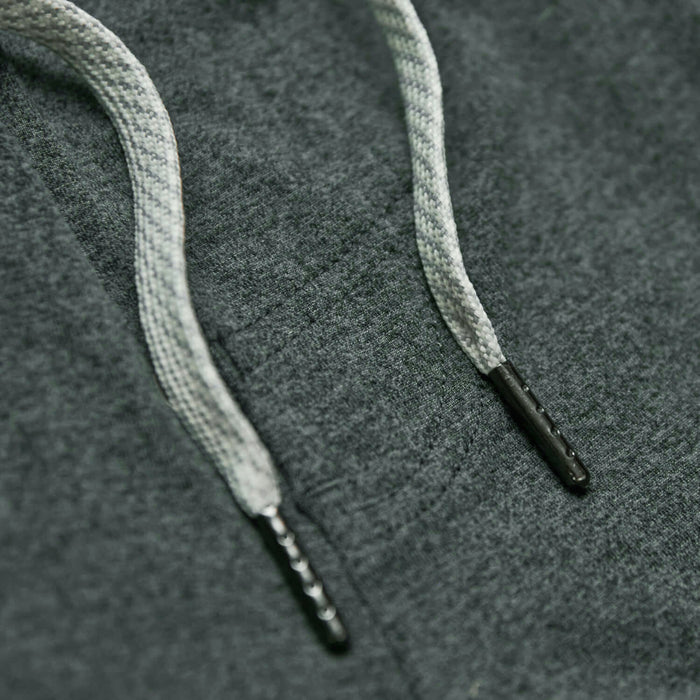 Charcoal Heather Gray Active Comfort Shorts' grey drawcords with black aglets.