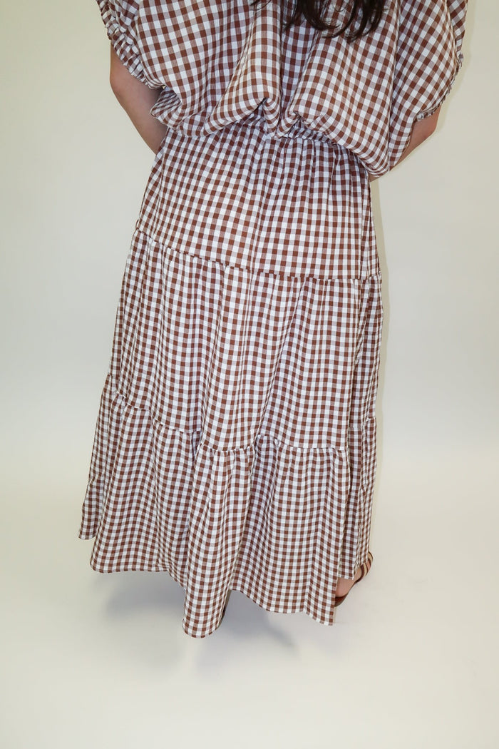 Checked Out Brown Tiered Check Midi Skirt - The Pink Tulip Clothing