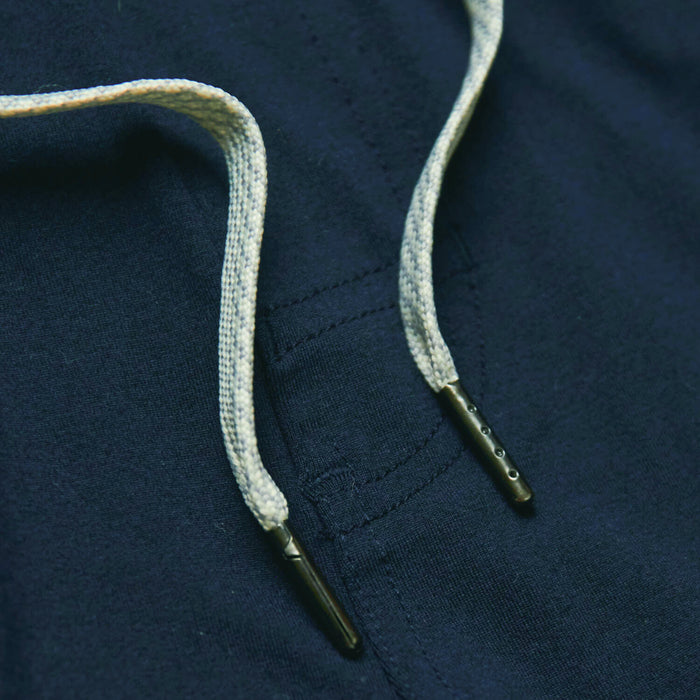 Dark Heather Navy Active Comfort Shorts with off-white drawcords and metal aglets.