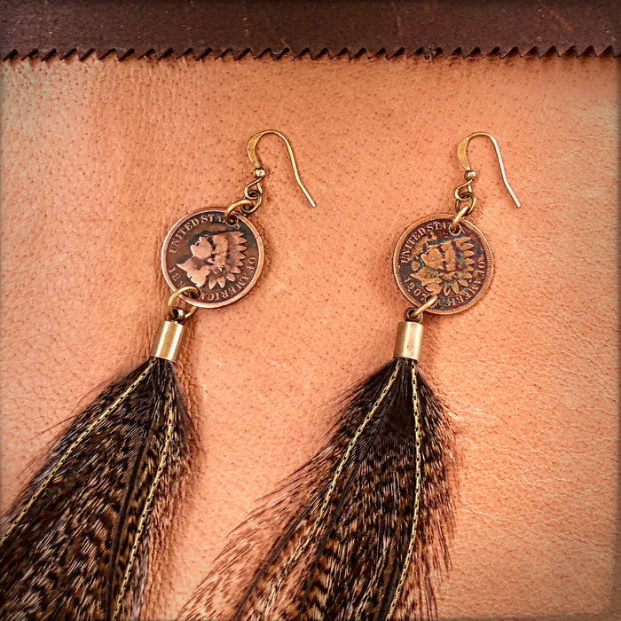 Earrings-Indian Cent & Long Feather-Coq de Leon, Western