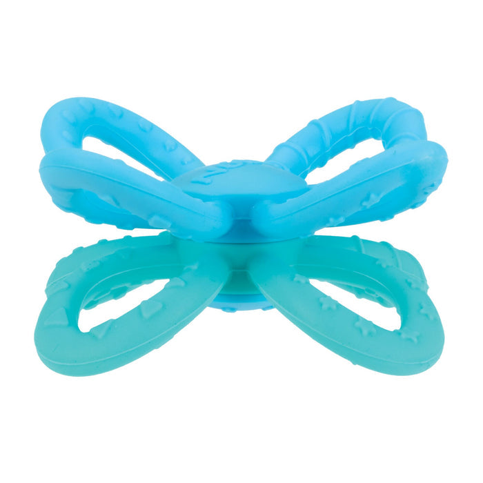 The Nuby Fun Loops Teether | Blue/Aqua features four textured silicone loops to help soothe babies’ gums and provide relief while they chew.