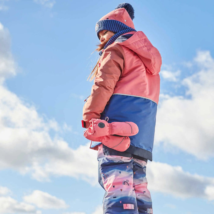 Deux par Deux girls snowsuit detachable hood and protective collar detail