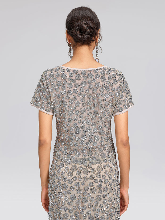 Hand Embellished Sequin V-neck Mesh Top