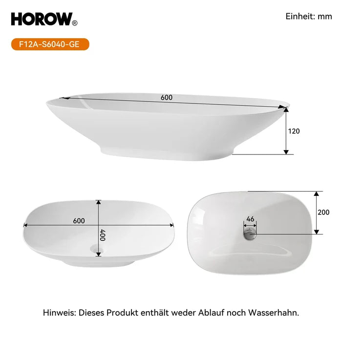 HOROW F12A-S6040 Aufsatzwaschbecken, 60×40 cm, Weiß, Dünnrand, Nano-Beschichtung