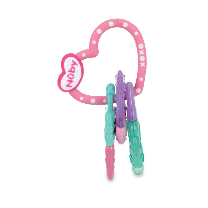 The Nuby IcyBite Sweets Teether Toy has a pink, heart-shaped XOXO handle and three oval rings in mint green, purple, and teal. Its soothing textures comfort and entertain babies during teething.