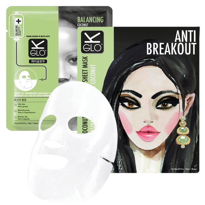 K-GLO® Anti-Breakout Coconut Bio-Cellulose Sheet Mask for glowing skin and breakout prevention in a beauty skincare product image.