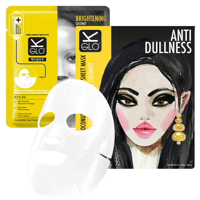 K-GLO® Anti-Dullness Coconut Bio-Cellulose Sheet Mask for revitalizing and hydrating skin, visible on a skincare product display