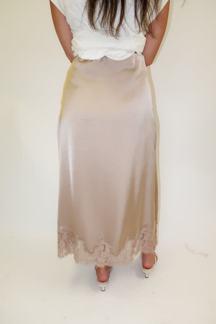 Lasting Impression Taupe Satin Lace Hem Midi Skirt - The Pink Tulip Clothing