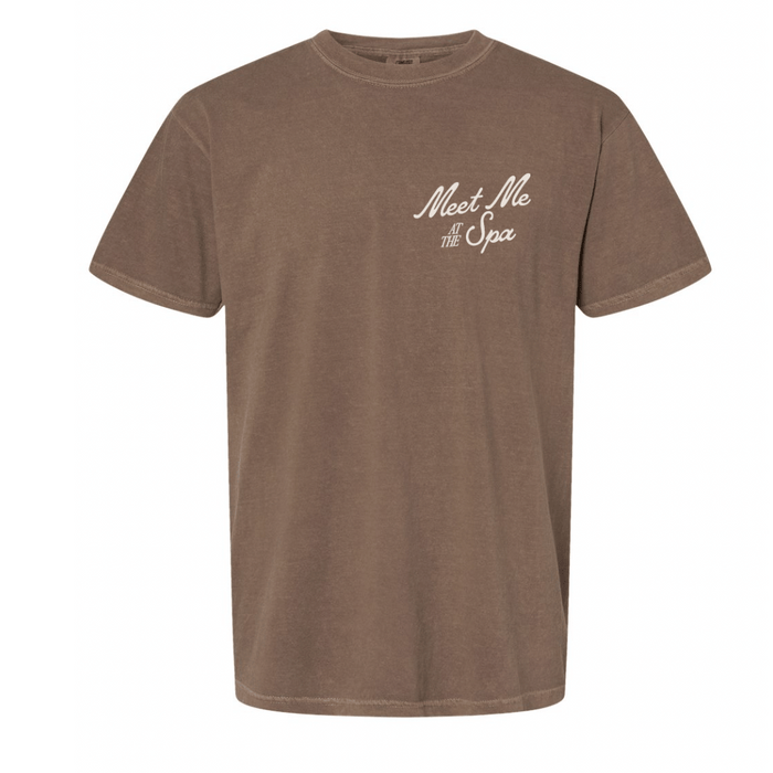 Meet Me At The Spa Retro Unisex T-Shirt | Lucky Owl in a soft brown color with a minimalist vintage-inspired spa-themed design on the chest for casual wellness and body care style.