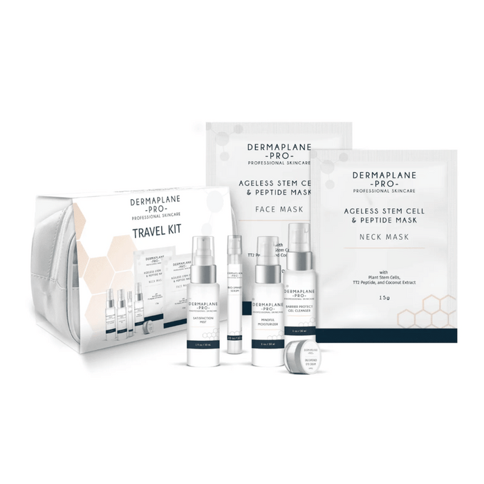 Professional Skincare Travel Kit | DermaplanePro featuring a compact travel pouch with multiple skincare products including Ageless Stem Cell & Peptide Face and Neck Masks for advanced skincare on the go.