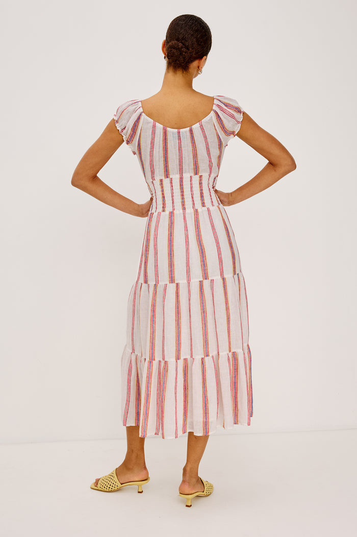 Daria Dress in Luxe Linen With Cap Sleeves, Scoop Neckline, Bust Ties, Smocked Waist, and Tiered Skirt in Primavera Stripe Colorway -