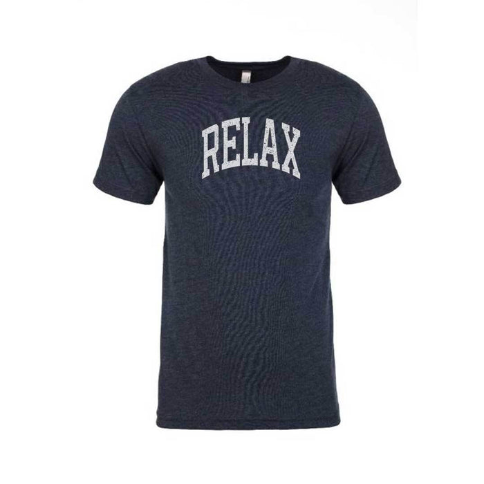 Navy blue unisex t-shirt with "RELAX" printed in collegiate style across the chest, comfortable casual fit, RELAX Collegiate Unisex T-Shirt | Lucky Owl