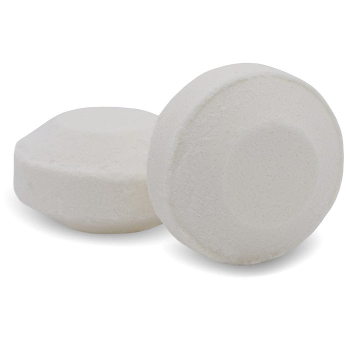 Two white round Relaxation Shower Steamer | Primal Elements tablets isolated on a white background, designed for skincare and wellness.
