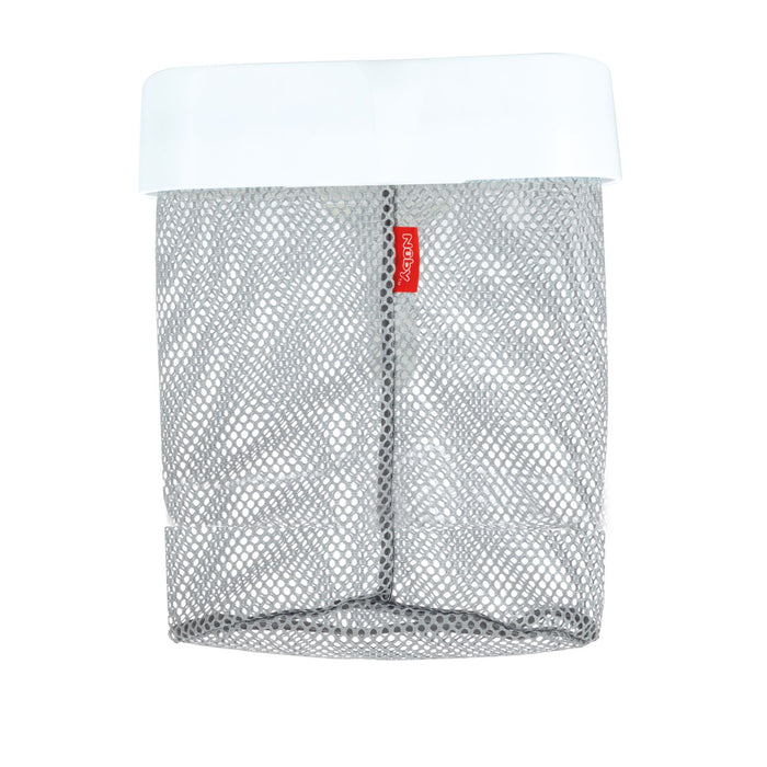The Nuby Scoop Bath Toy Caddy is a silver mesh container with a white plastic rim and red label, ideal for tub toy storage, shown against a white background.