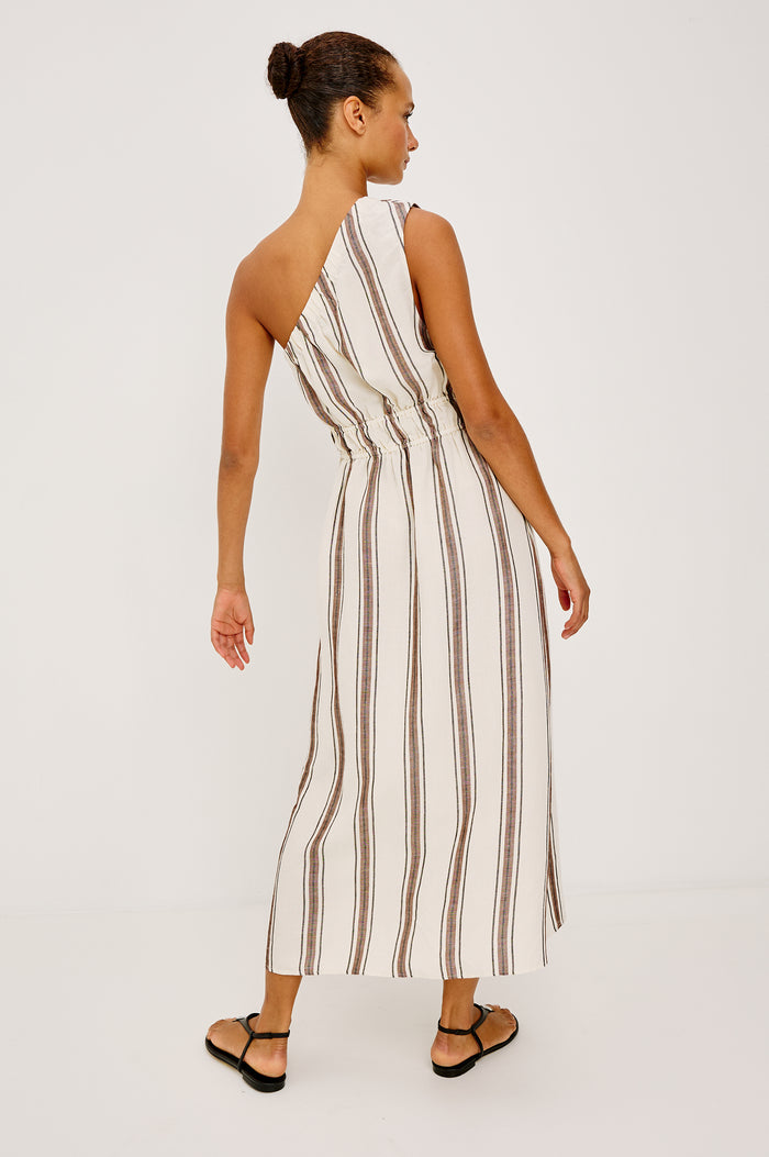 Selani Midi Dress in Cotton Poplin With One-Shoulder Neckline, Shirred Waistband, Concealed Side Pockets, and Side Slit in Sequoia Stripe Colorway - Full Body Back View Featured on Model