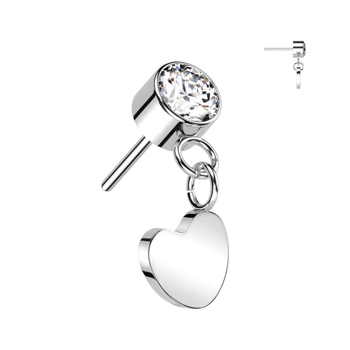 Silver Titanium Dangly Heart CZ Threadless Top Silver / F-136 Titanium
