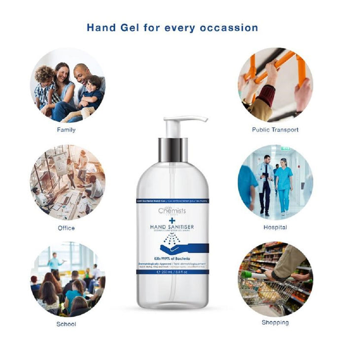 SkinChemists London hand sanitiser bottles, 250ml and 50ml high-strength formula, made in the UK, in clear plastic containers.