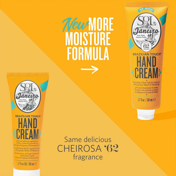 Sol de Janeiro Brazilian Touch Hand Cream in 50ml tube, moisturizing skin care product with tropical scent and nourishing formula.