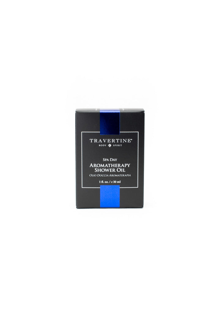 Spa Day Aromatherapy Shower Oil | Travertine in a sleek black box with blue accents, designed for luxury skincare and enhancing wellness through aromatherapy.
