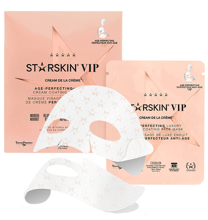 STARSKIN VIP Cream de la Crème luxury sheet face mask for age-perfecting skincare, coated with nourishing cream.