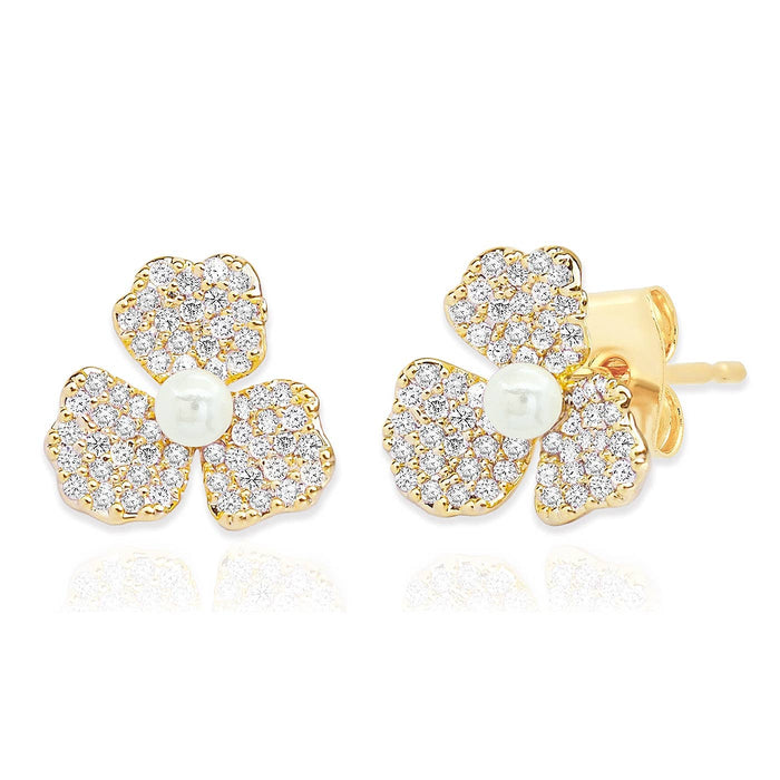 Tai Jewelry Triple Petal Pave And Pearl Studs