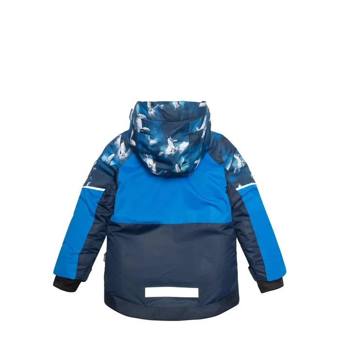 Back view of Deux par Deux boys Royal Blue penguin print winter jacket with reflective detail.