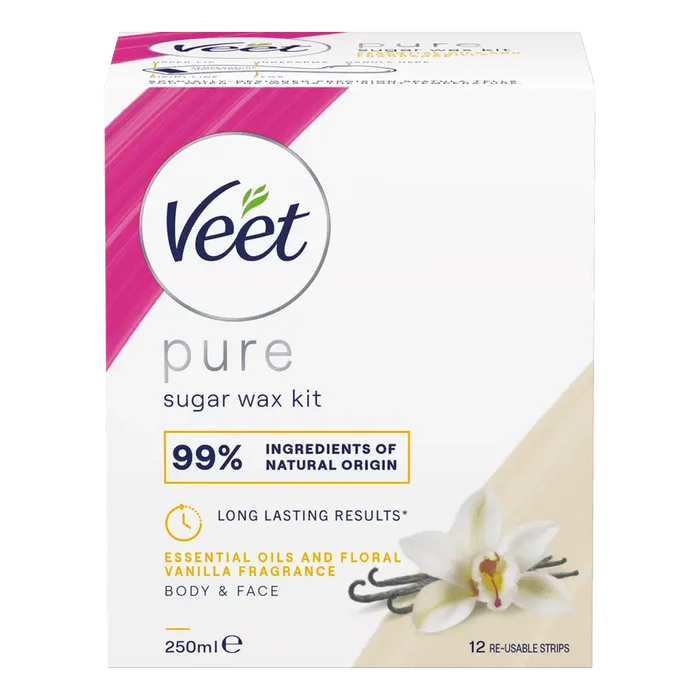 Veet Pure Sugar Wax Kit kropp & ansikt i hvit boks med rosa og beige detaljer, 250ml med 12 gjenbrukbare strips