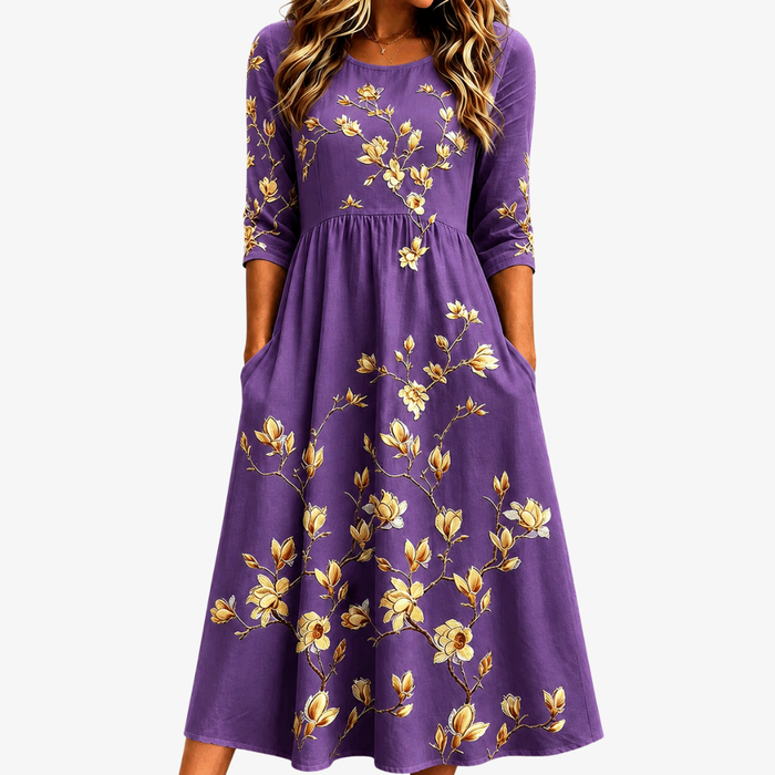 Victoria | Golden Magnolia Midi Dress