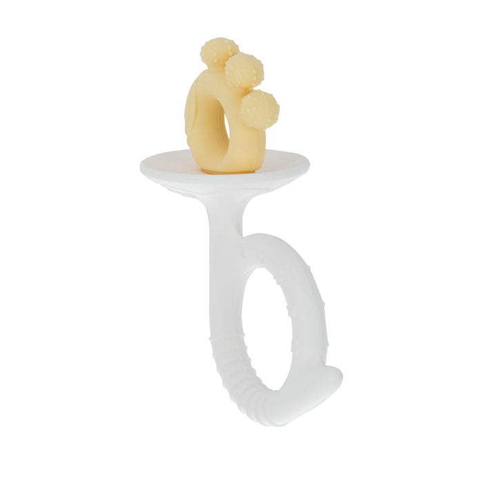 The Wand and Tuba Teether Set | Pink & Yellow features a silicone teether with a white handle, circular base, and yellow ring with three textured bumps. Its soft material offers gentle teething relief for infants.