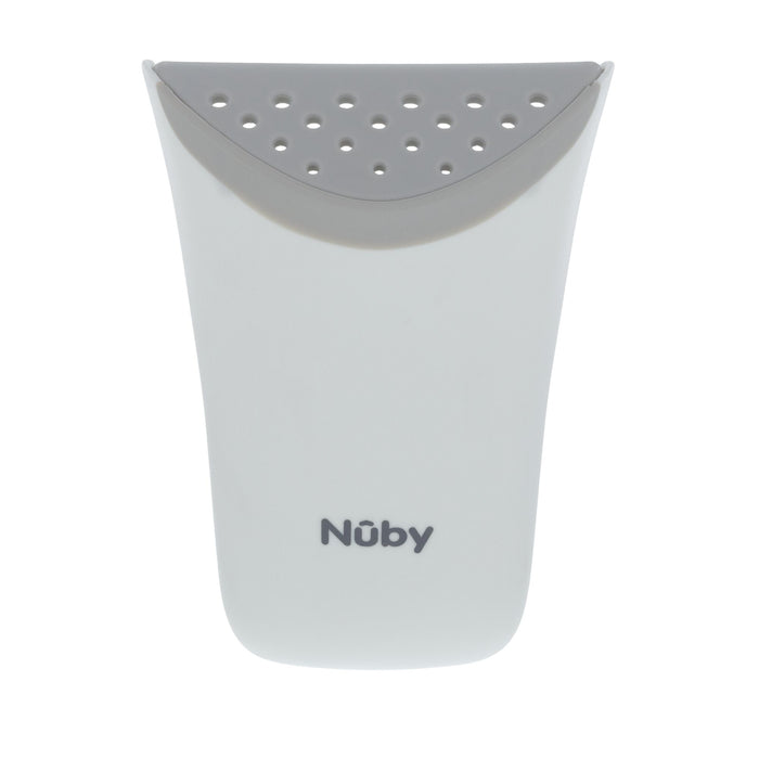 White and gray silicone teething mitten with ventilation holes and “Nuby” in gray lettering—perfect for soothing gums after a tear-free bath using your favorite Waterfall Rinse Pail from Nuby.