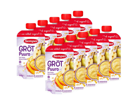10 x Semper Gröt med Päron, Mango, Banan & Äpple – Swedish Oat Porridge Pouches for Babies from 6 Months, 10 x 120g