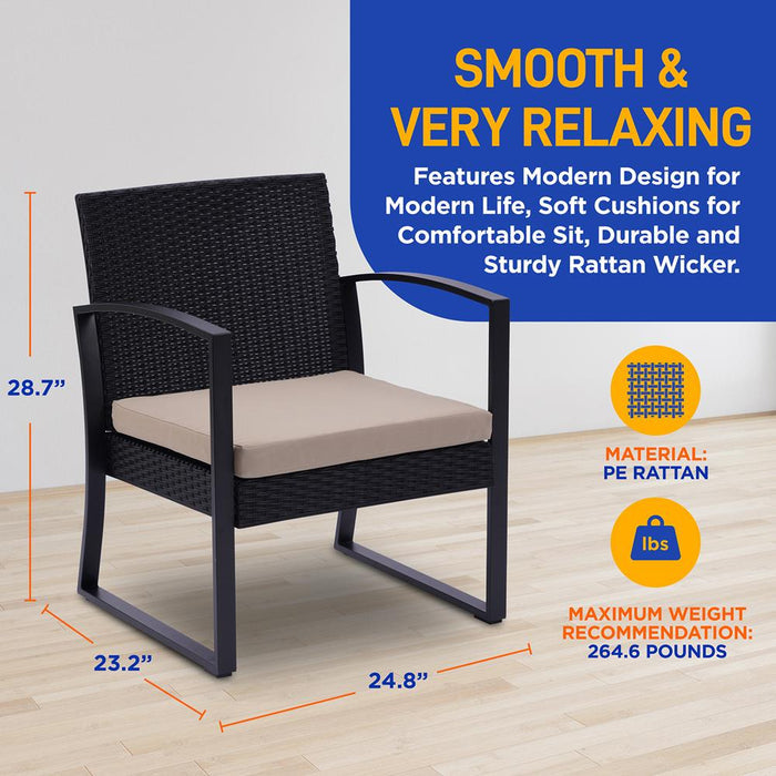 3 Pcs. Patio Outdoor Rattan Furniture Set - Includes 2 Single Chairs With Soft Cushion And 1 Glass-Top Coffee Table