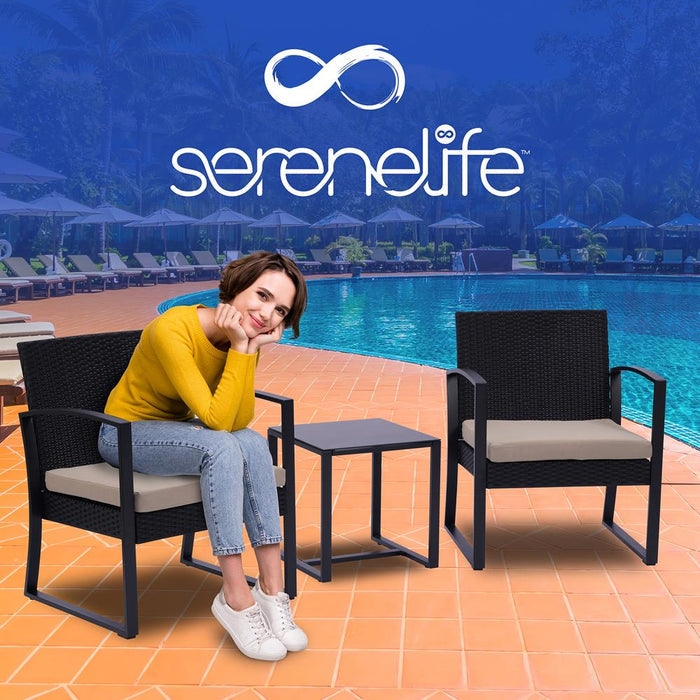 3 Pcs. Patio Outdoor Rattan Furniture Set - Includes 2 Single Chairs With Soft Cushion And 1 Glass-Top Coffee Table