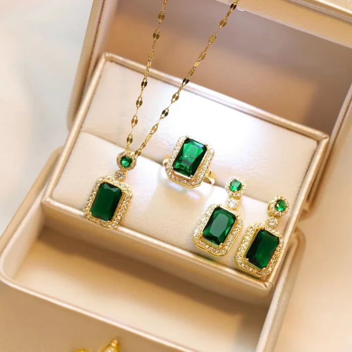 3pc Emerald Green CZ Luxury Necklace, Ring and Drop Earrings Jewelry Set