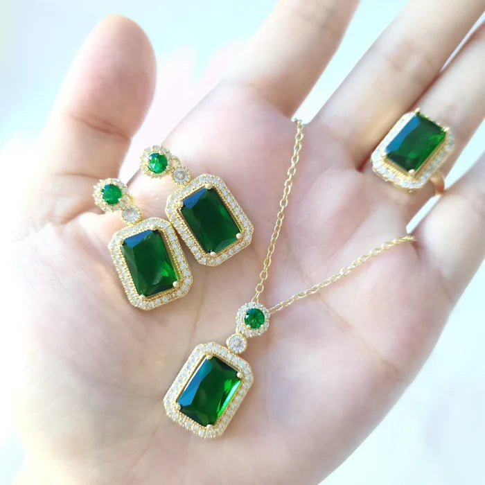 3pc Emerald Green CZ Luxury Necklace, Ring and Drop Earrings Jewelry Set