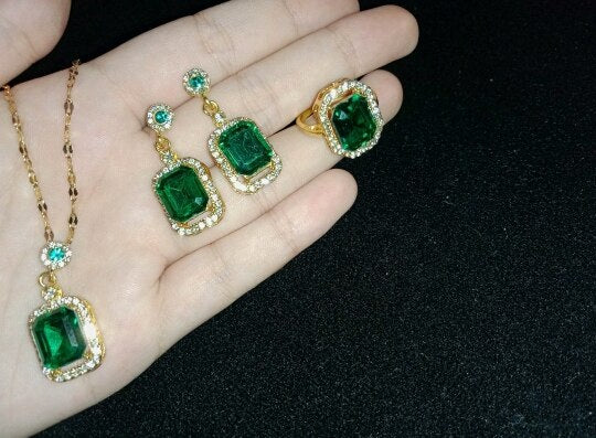 3pc Emerald Green CZ Luxury Necklace, Ring and Drop Earrings Jewelry Set
