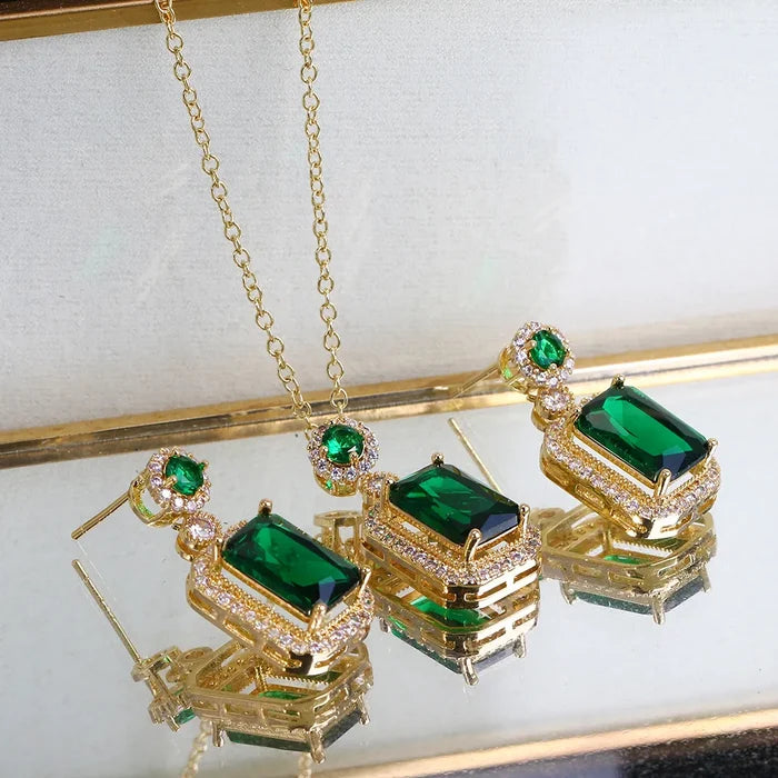 3pc Emerald Green CZ Luxury Necklace, Ring and Drop Earrings Jewelry Set
