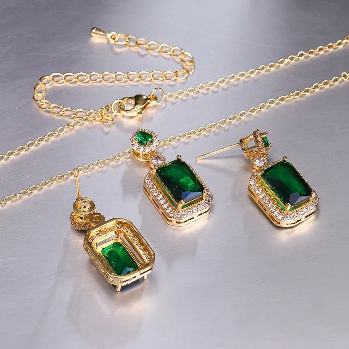 3pc Emerald Green CZ Luxury Necklace, Ring and Drop Earrings Jewelry Set