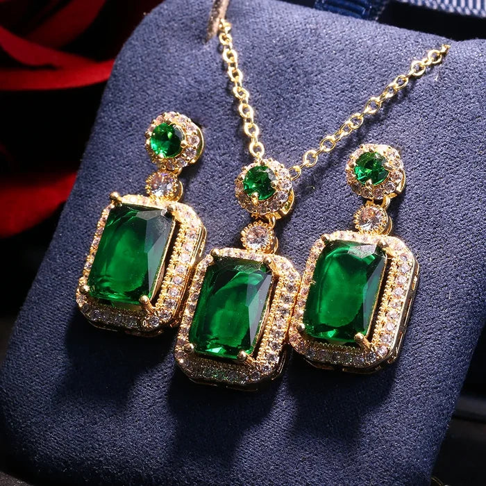 3pc Emerald Green CZ Luxury Necklace, Ring and Drop Earrings Jewelry Set