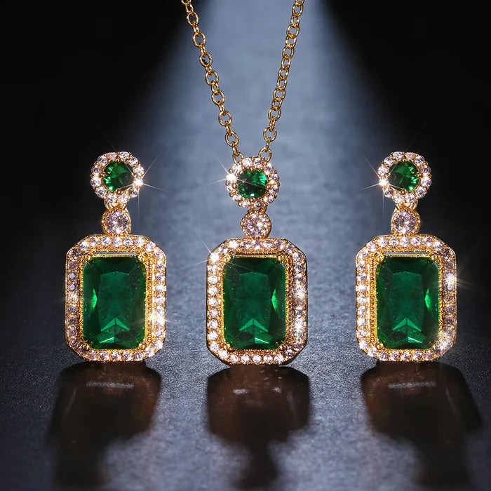 3pc Emerald Green CZ Luxury Necklace, Ring and Drop Earrings Jewelry Set