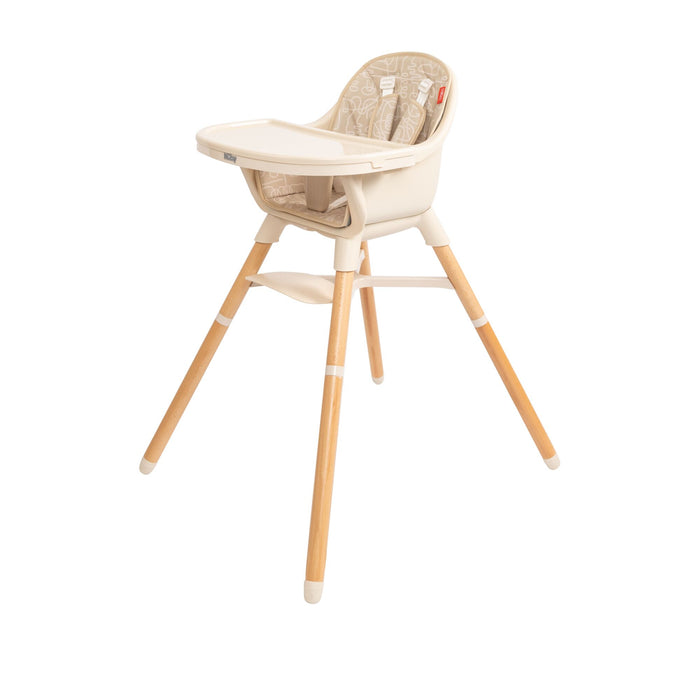 The Nuby 4-in-1 Multi-Use High Chair | Beige Lines features wooden legs, a plastic tray, patterned cushioned seat, safety harness, and footrest. It grows with your child for lasting comfort and versatile use.